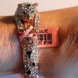 Sparkling Leopard Head Bangle Bracelet Rose Gold Tone Rhinestone Women's Jewelry